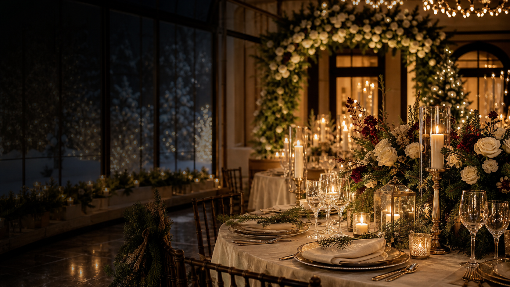 Mesa de boda elegante con flores, velas y ambiente cálido de invierno